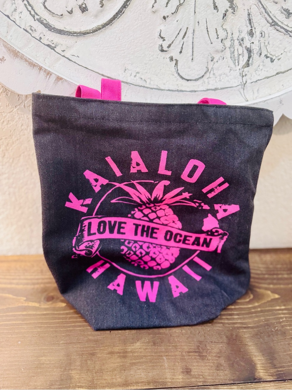 Hawaii Black Tote with Hot Pink Pineapple Graphic